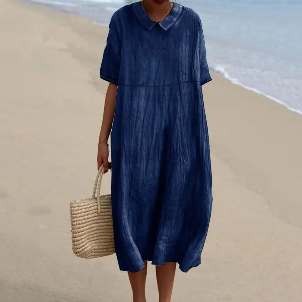 

Lady Midi Dress Stylish Women's Midi Dress with Short Sleeves Lapel Collar for Summer Autumn Wear Solid Color Pullover for Daily