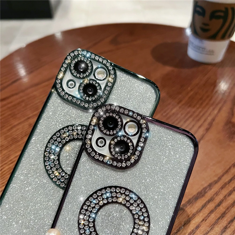 Pro Max Glitter Rhinestone Square Plating Frame For iPhone 11 12 13 14 15 Plus Flash Sier Diamond Cover_voghion.com