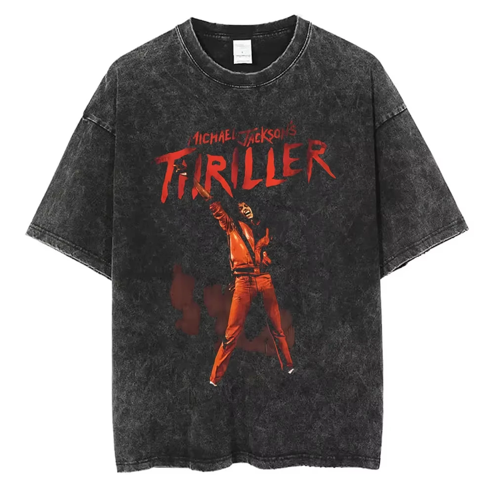 Washed Vintage Michael Jackson Thriller Merch T Shirts Men Women Retro Gothic Rock T-shirt Male Casual Cotton Oversized T-shirts