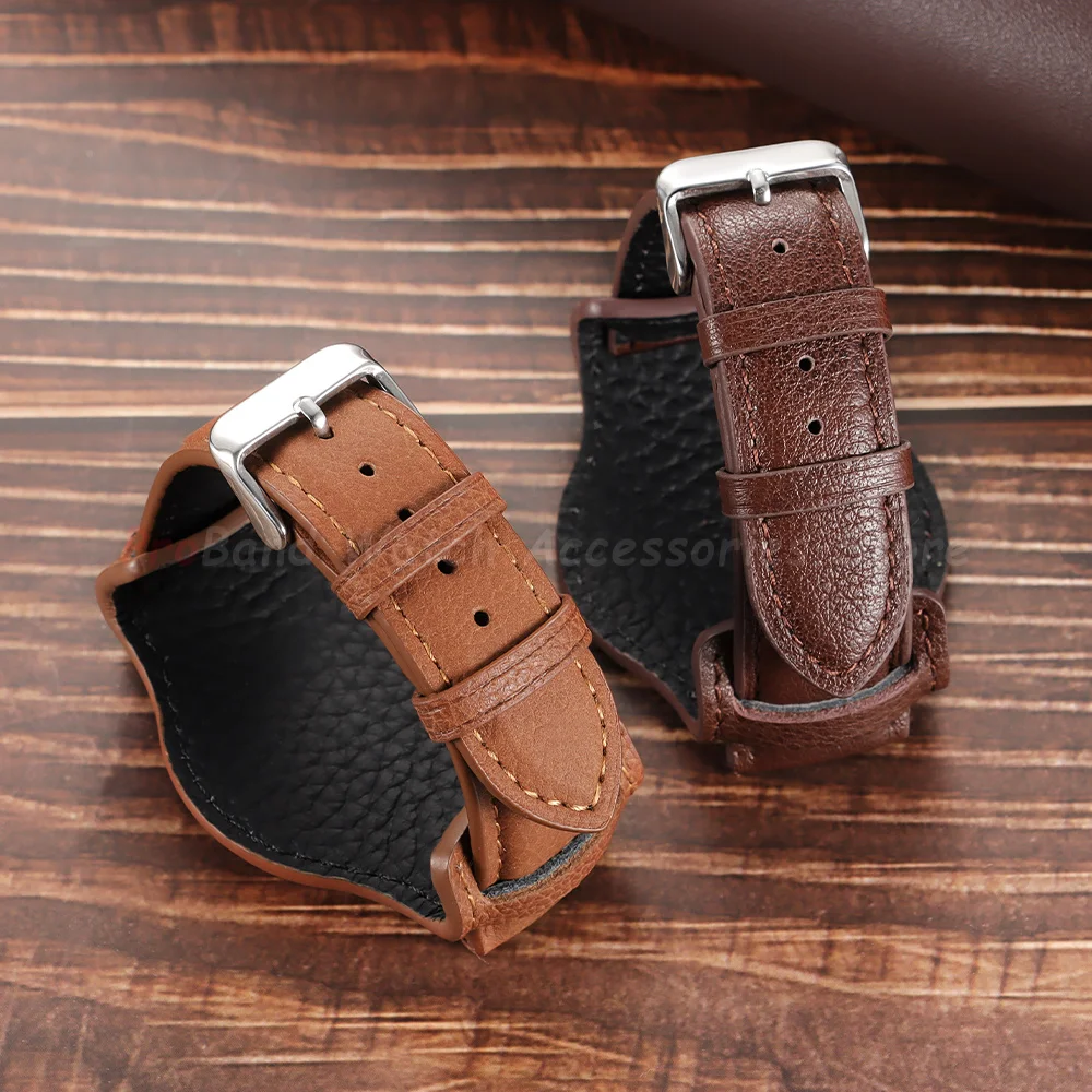 Elegant Genuine Leather Watch Straps with Retro Bund Pad in Black and Brown