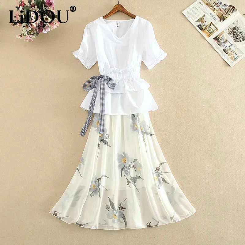 Summer New V-neck Lace Up Waist Pullover Shirt Printing Skirt Sweet Suit Ladies Elegant Fashion Short Sleeve Blouse Skirts Set lace o neck lantern sleeve white chiffon fairycore style loose transparent blouse sweet three dimensional printing women thin