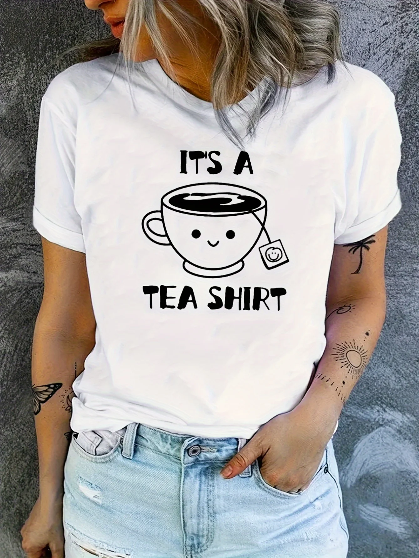 

Tea Print Crew Neck T-Shirt, Casual Short Sleeve T-Shirt For Spring & Summer, Women's Clothing shirts