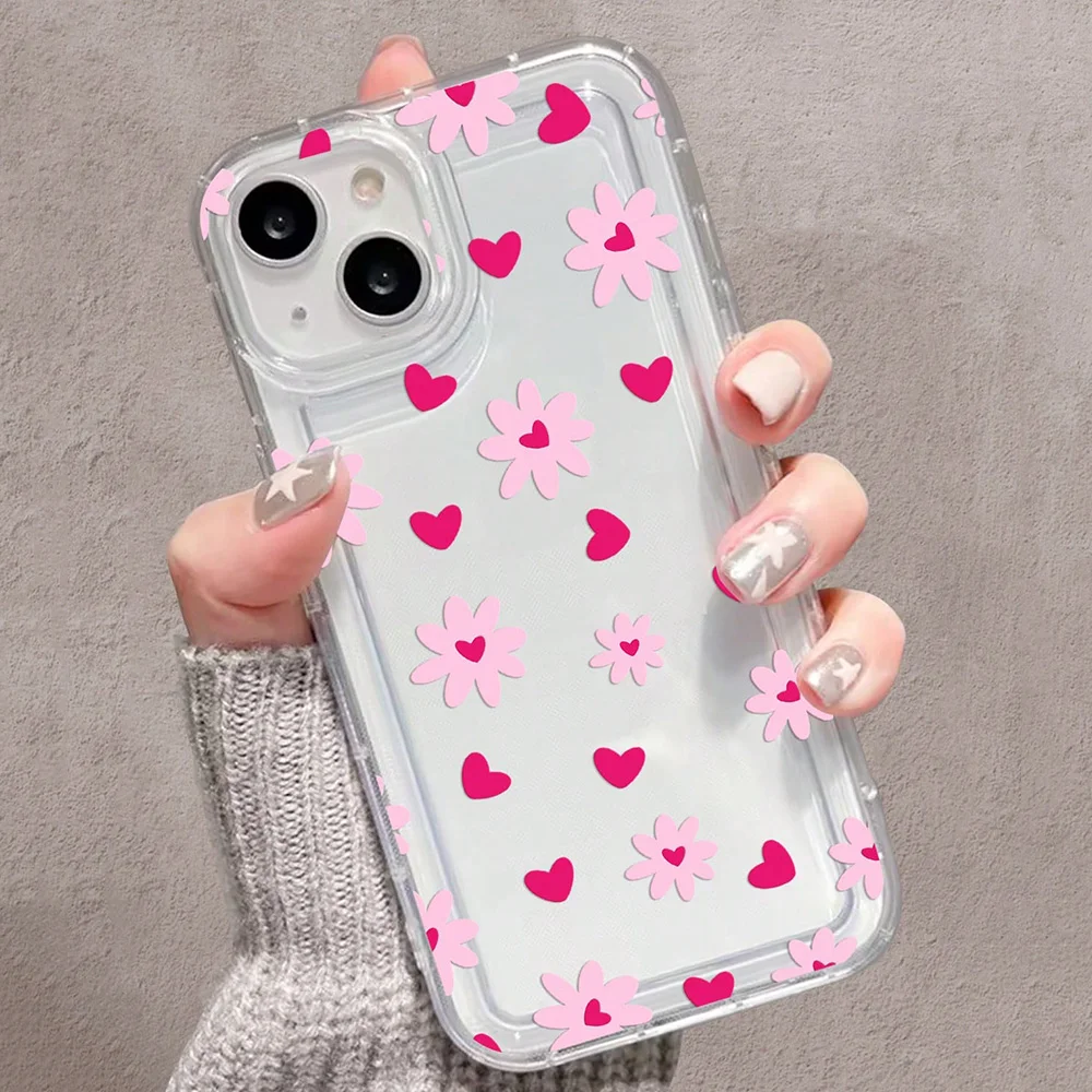 Pink Flowers Heart Print Clear Phone Case - Soft Cover