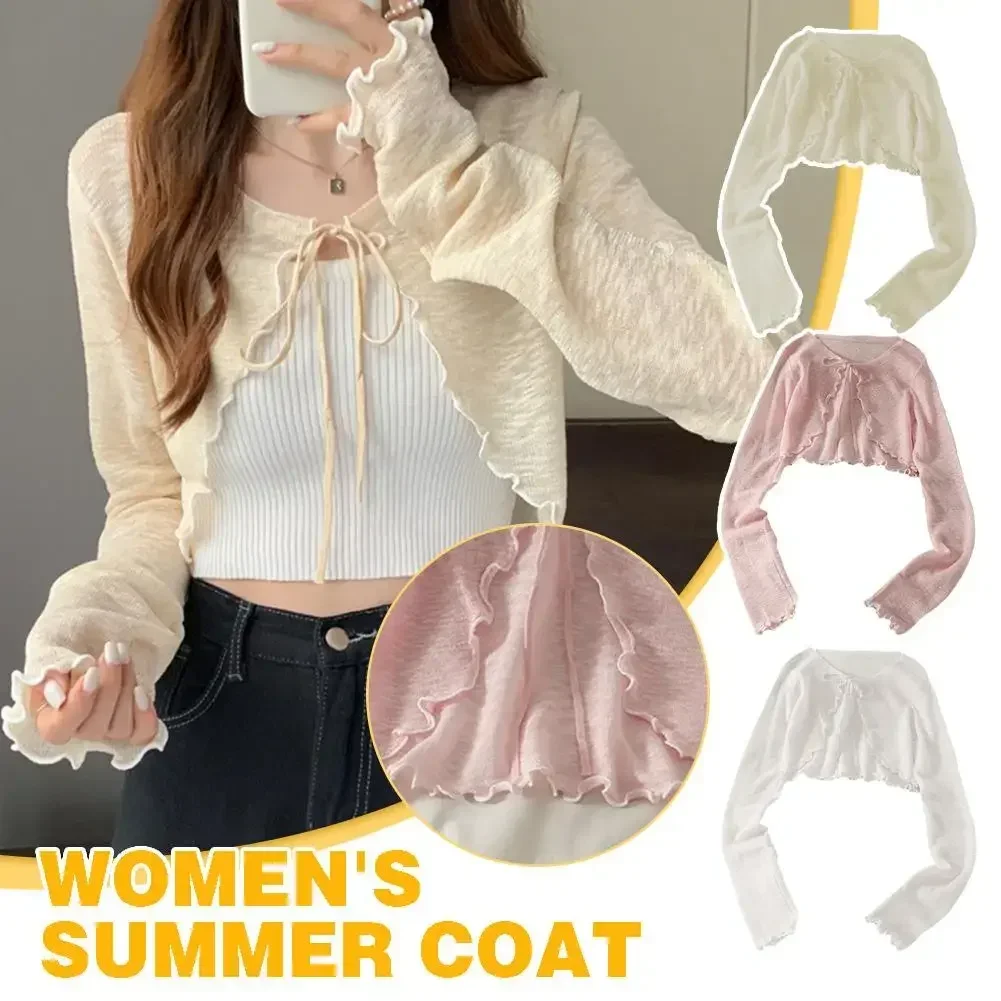Suéter fino de verano para mujer, cárdigan de punto con encaje y manga larga, prendas de vestir exteriores para mujer