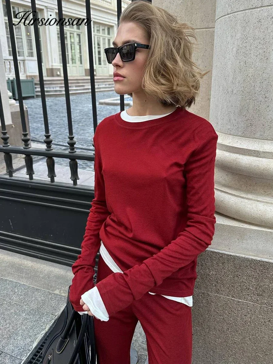 Hirsionsan Modal Soft Loose Sets Women 2025 Casual Two Pieces Long Sleeve T Shirts and High Waist Dresses Outfits Tracksuit 3