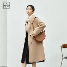 

ZIQIAO Women's Winter Beige Lapel Horn Button Coat Thicken Mid-length Women New Wool Velvet Double-sided Commuter Woolen Jacket