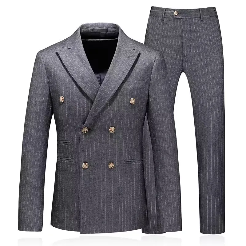 Slim Fit Grey Striped Men Suits Formal Groom Tuxedos Peaked Lapel Double Breasted Blazer Pants Set 2 Piece Business Male Suit