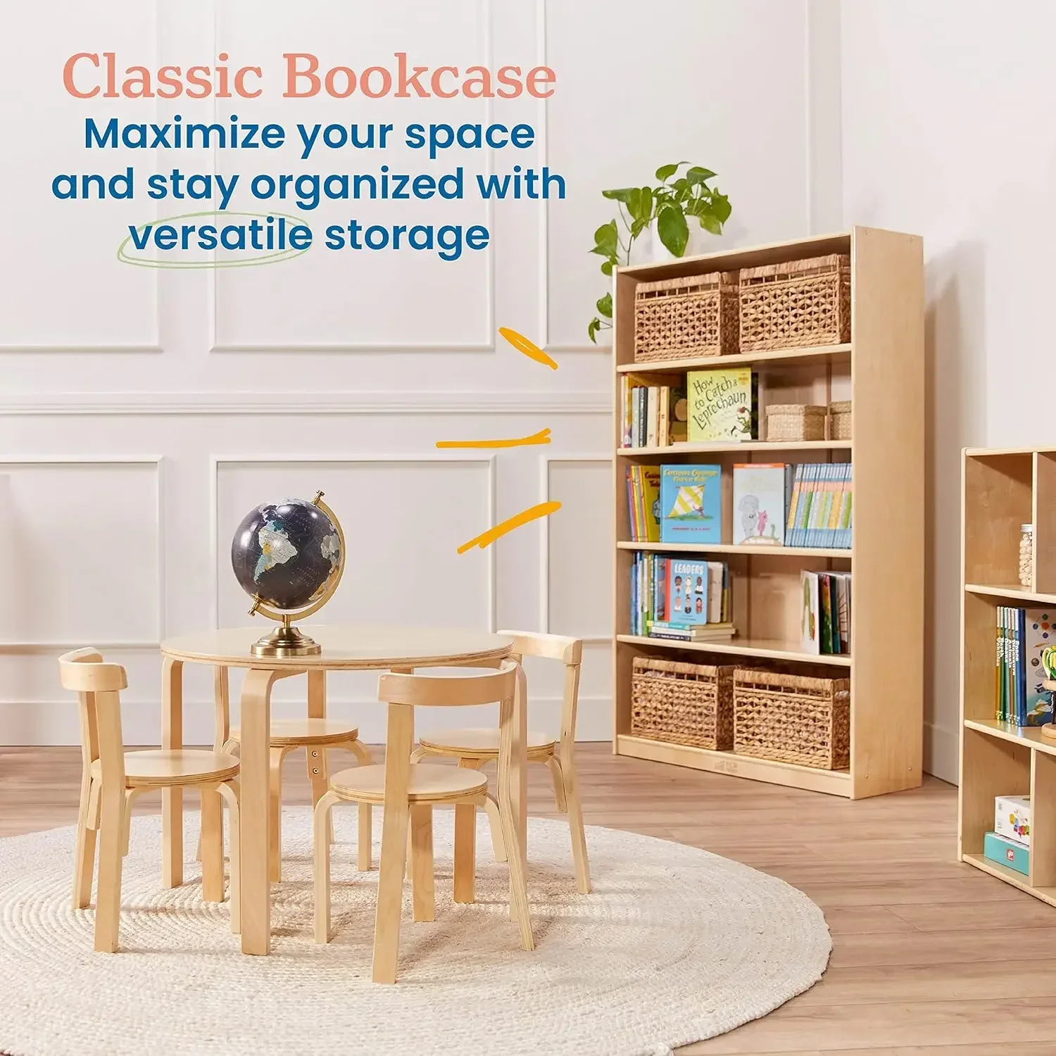 Natural wood bookcase in home office