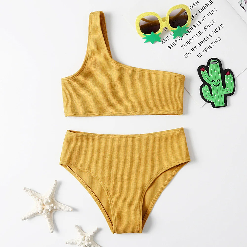 

Girls Solid Ribbed Bikini Swimsuit Kids One Shoulder Two Piece Children's Swimwear 7-14 Years High Waist Bathing Suit Beachwear