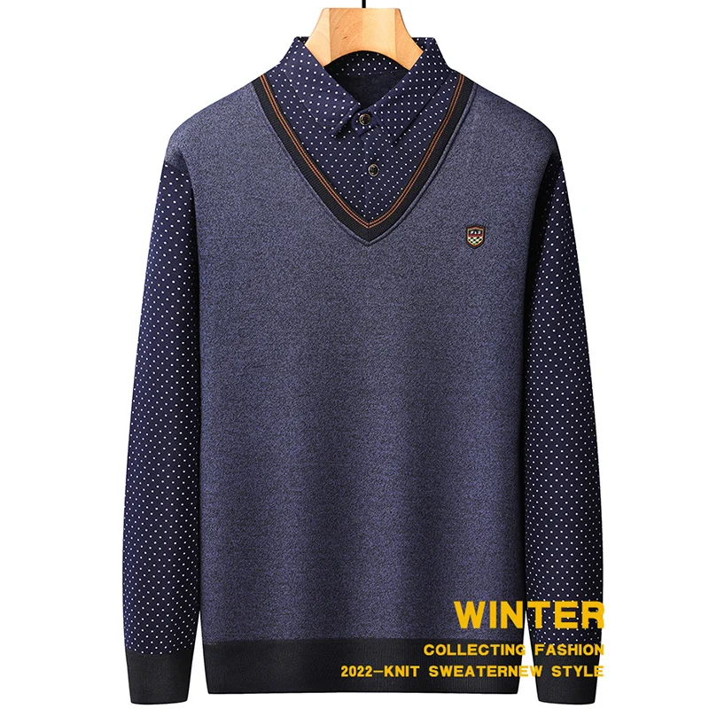 2024 L-4XL Autumn and Winter New Fake Two Piece Sweater Men's Plush Knitted Warm Inner Wear Casual Versatile Pullover Top 2