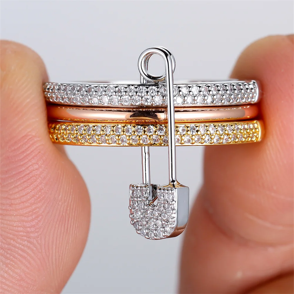 Trendy White Zircon Creative Pin Rings Sets For Women Rose Gold Silver Color Engagement Bands Wedding Jewelry Set Versatile Gift
