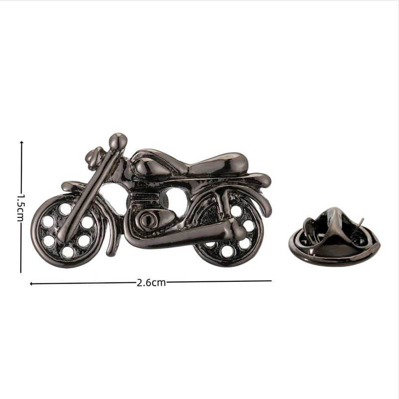3D motorcycle lapel pin in black gun metal, worn on jacket lapel