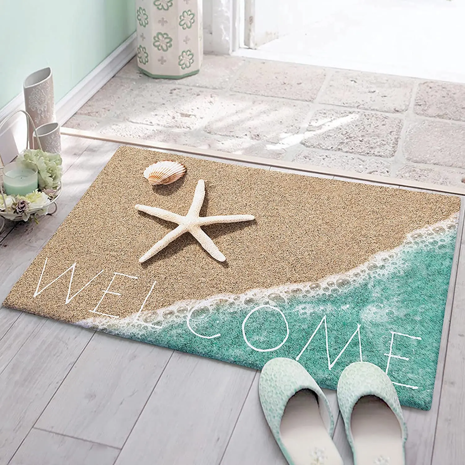 Description Picture 4 of itemBeach Starfish Shells Entrance Doormat Home Decoration Soft Flannel Carpet for Living Room Bathroom Floor Mats Home Decor