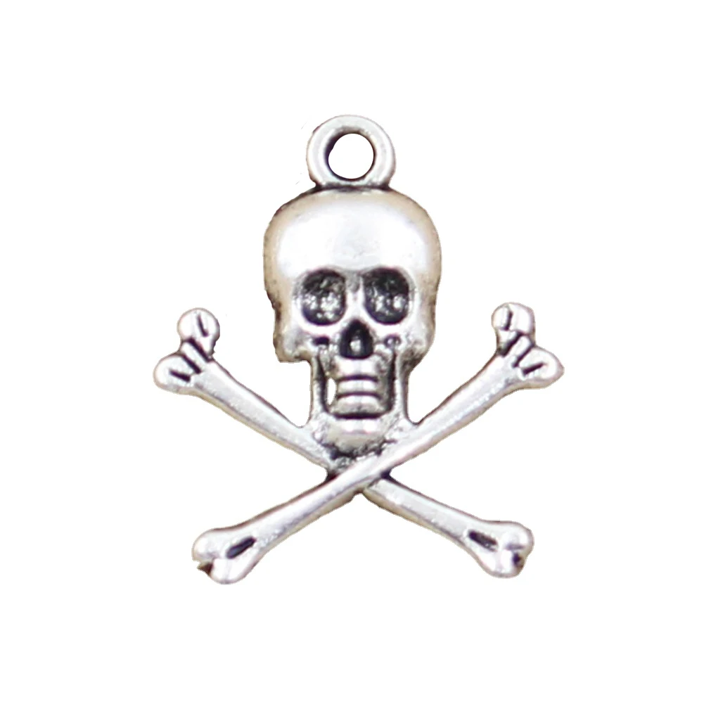 15 stücke Charms Schädel Skelett Knochen gefährliches Zeichen 24x19mm antike silberne Farbe Anhänger machen DIY handgemachte tibetische Suche Schmuck