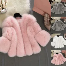 

2021 Elegant Short Thick Kawaii Outerwear Fake Fur Jacket Chaquetas Mujer Furry Fur Trim Warm Winter Coat Woman Wide-waisted