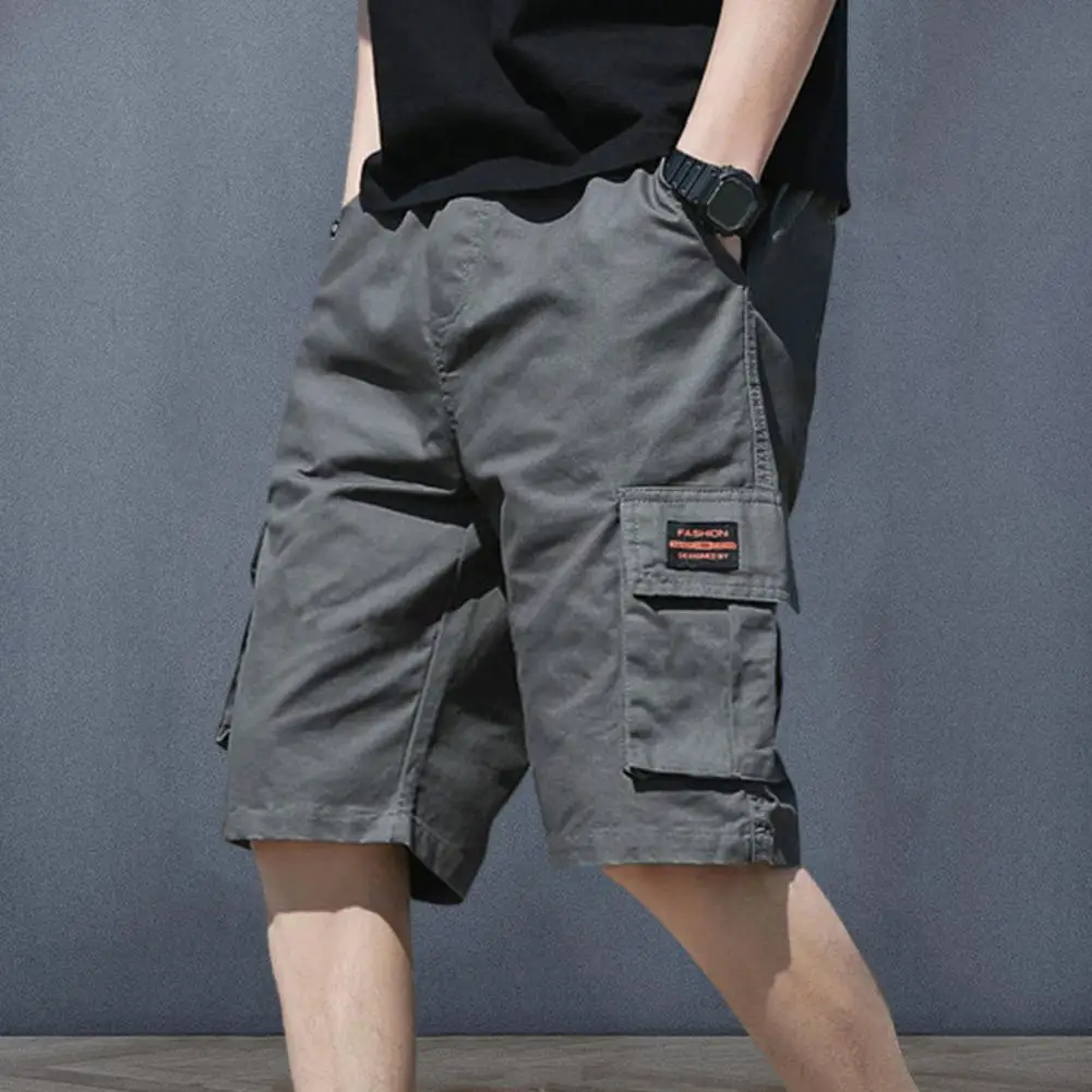 Men Shorts Breathable Men\'s Cargo Shorts with Elastic Waist Multi Pockets for Summer Streetwear Loose Fit Knee Length Sport