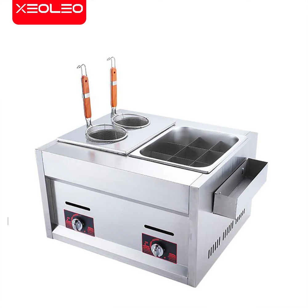 XEOLEO Oden Pot Noodle Cooker Two-in-one Combination Furnace Commercial Gas Pasta Boiled Food Soup Fryer for Kitchen Machine