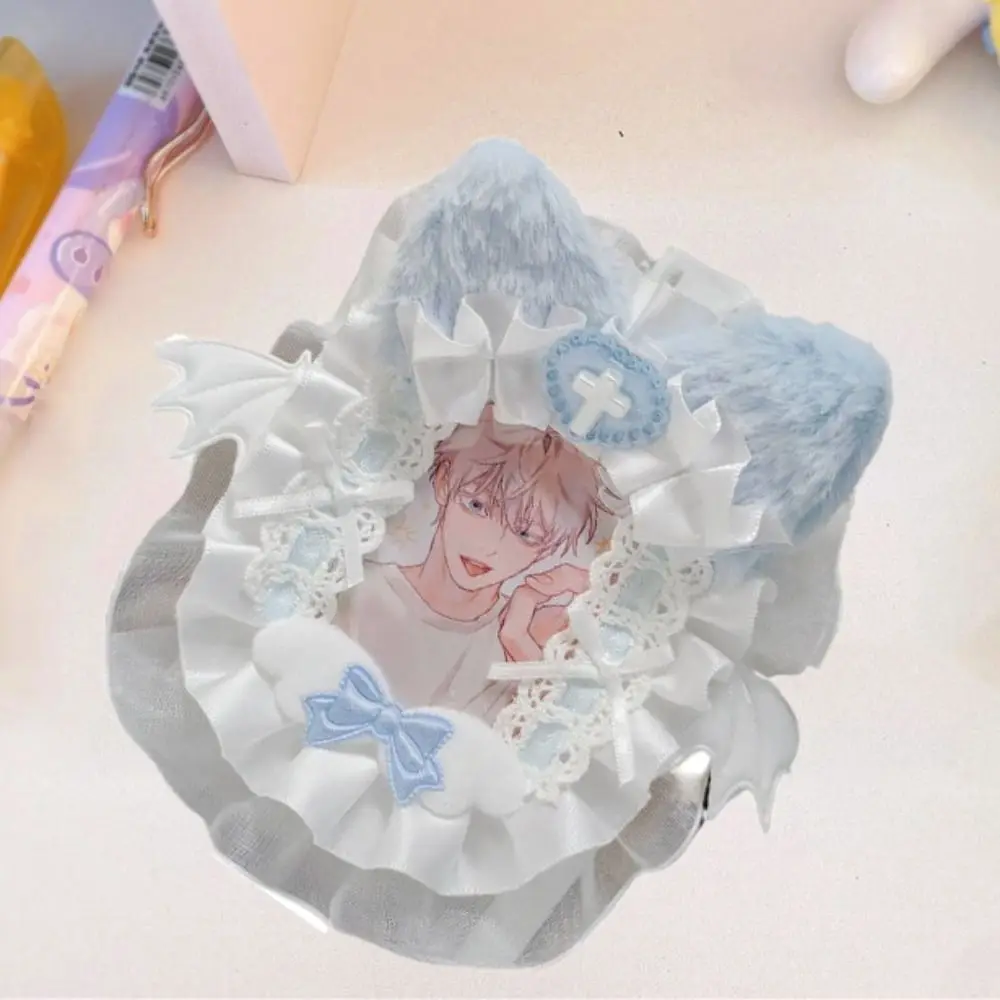 Finished Product Ins Style Cartoon Plush Card Holder Lace Angel Wings Photo Protector Case Diy Cat Ear ID Credit Case Outdoor