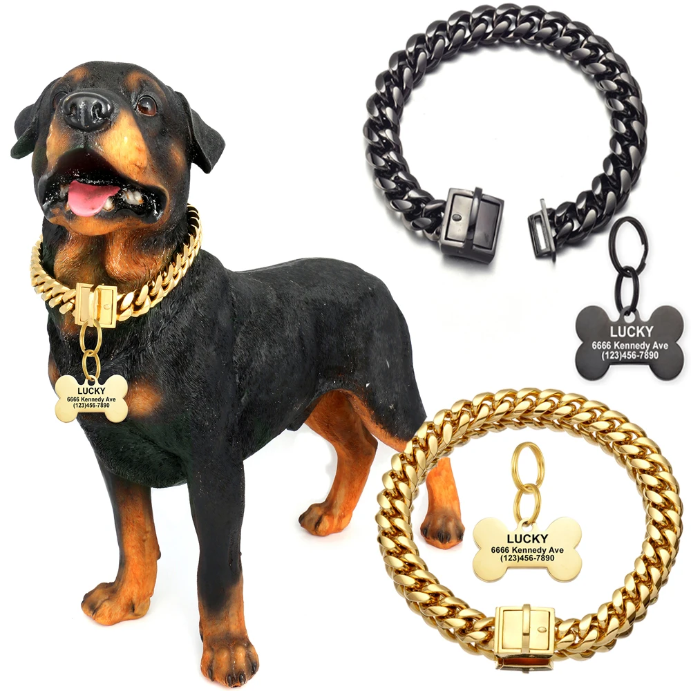 

Dog Chain Collars and Personalized Dog ID Tags Custom Text Engraved 15MM High Polished Metal Stainless Steel Curb Link Necklace