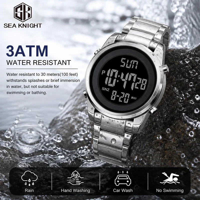 SEA KNIGHT Men's Stainless Steel Outdoor Sports LED Watch - Luminous, Digital, Waterproof