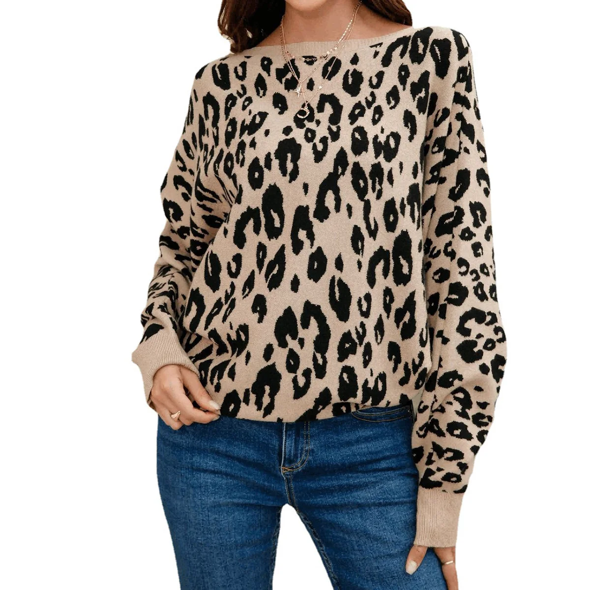 

Oversize Boat Neck Leopard Animal Pattern Sweater Women Batwing Jumper Pullover