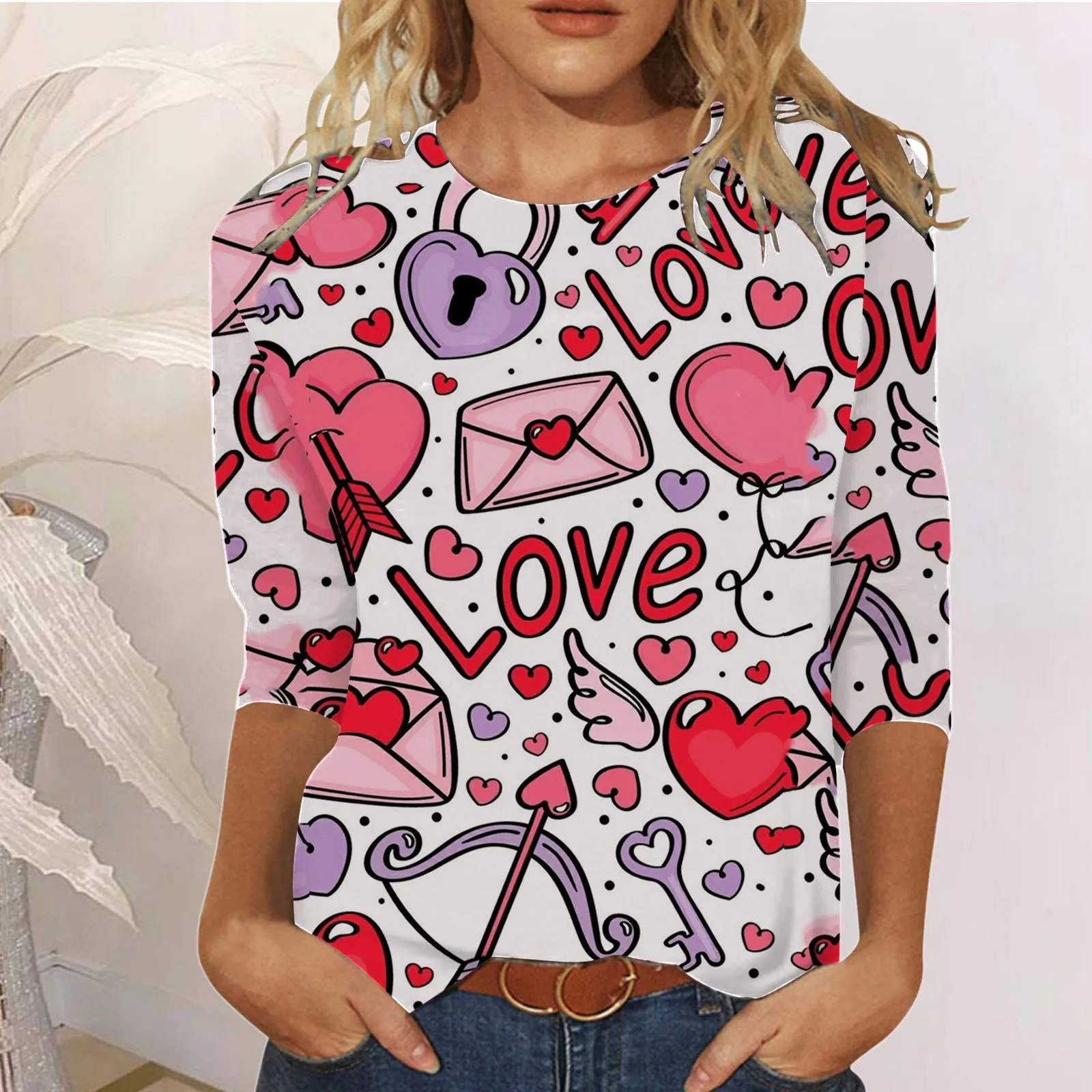 

Valentine's Day Print T Shirt Women O Neck Three Quarter Sleeve Tee Shirt Women Fashion Love Printed T-Shirt Loose Casual Tops