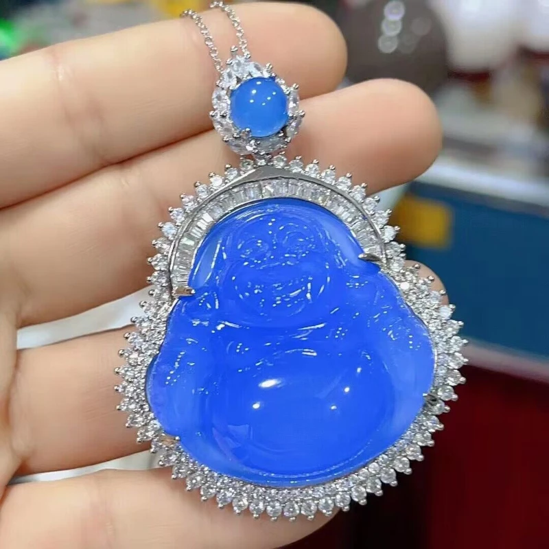 

Natural 925 Silver Inlaid Blue Chalcedony Buddha Pendant Ice Blue Agate Maitreya Buddha Jade Necklace Ladies Luxury Jewelry Gift