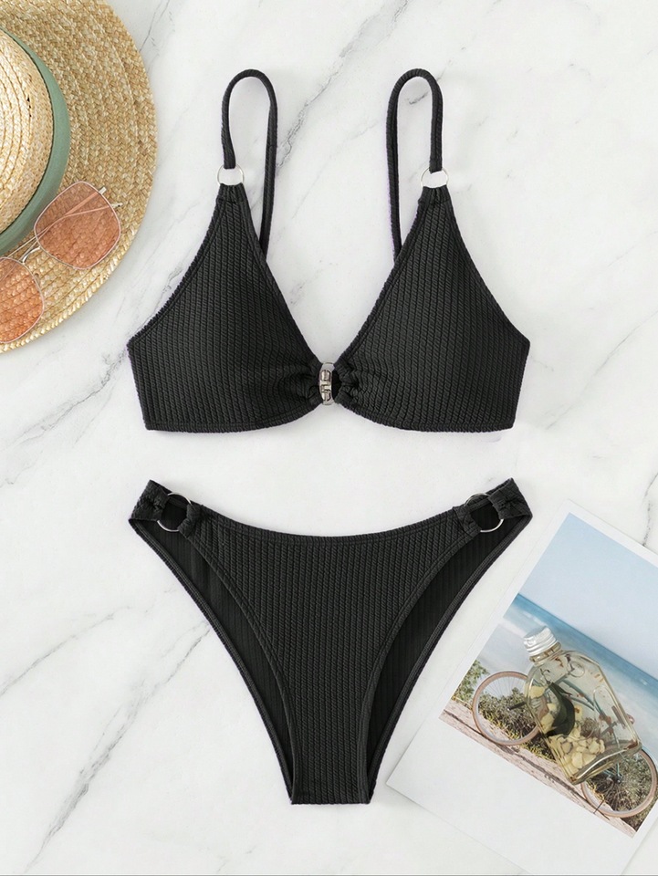 Two-piece Set Women's Plain Textured O-ring Bikini Set, Casual Sleeveless Triangle Swim Bra & Swim Bottom, Ladies Summer Swimwea