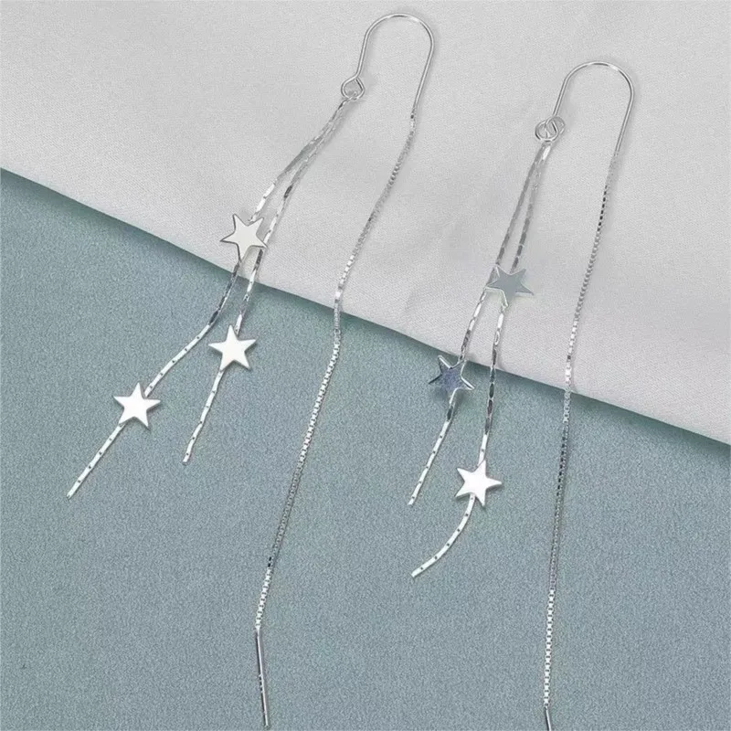 Silver Color Elegant Star Tassel Line Earring for Women Tiny Long Wire Tassel Drop Hanging Earings Party Jewelry Accessories