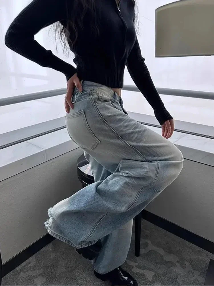 Autumn Retro Basic Light Blue Classic Straight Leg Street Jeans Korean Fashion Women's Minimalist Slim Fit High Waisted Jeans