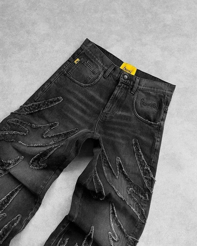 90s Streetwear Retro Hip Op Flame Embroidery Loose High Waisted Men Jeans Female Y2K New Harajuku Gothic Wide Leg Pants 4