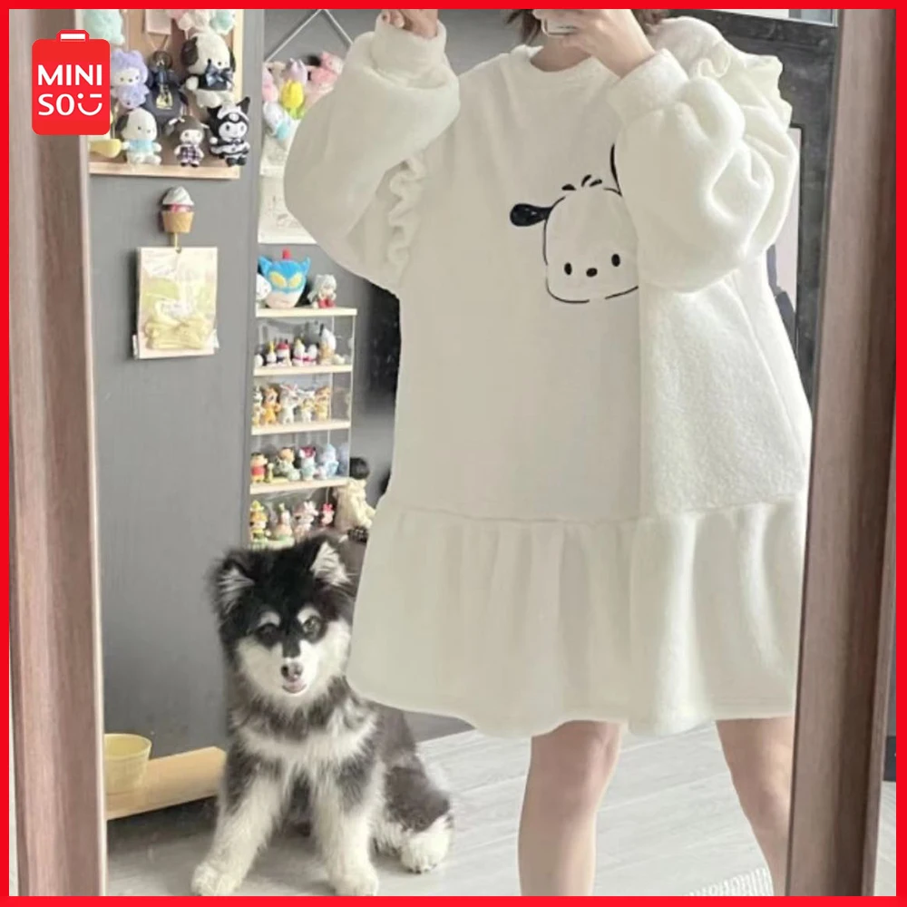 

Sanrio Autumn Winter Japanese Pochacco Coral Velvet Long-Sleeved Ruffled Cute Nightgown Kawaii Anime Homewear Medium Pajama Gift