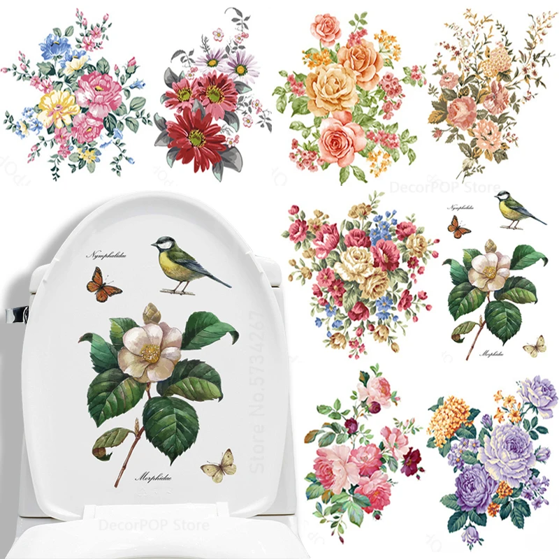 PVC Toilet Lid Decals Bird Floral Daisy Rose Peony Butterfly Pattern Toilet Stool Commode Sticker For Bathroom Self Adhesive 1pc