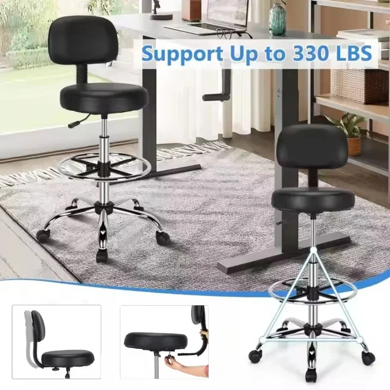 Ergonomic Rolling Stool with Backrest PU Leather Strap Adjustable Pedal Rotating Round Work Chair Office Bar Stool Lounge Chair
