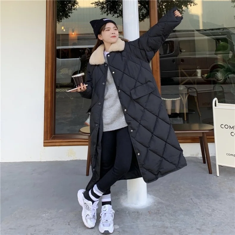 Down Parka Diamond Lattice Long Knee Down Cotton Padded Jacket Female Korean Loose Student Winter Jacket Cotton Padded Jacket ladies parka coats