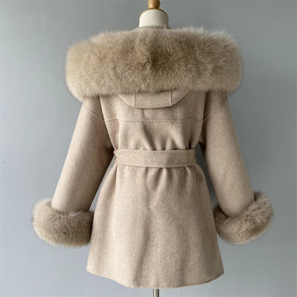 Back view of women's cashmere wool coat with elegant silhouette