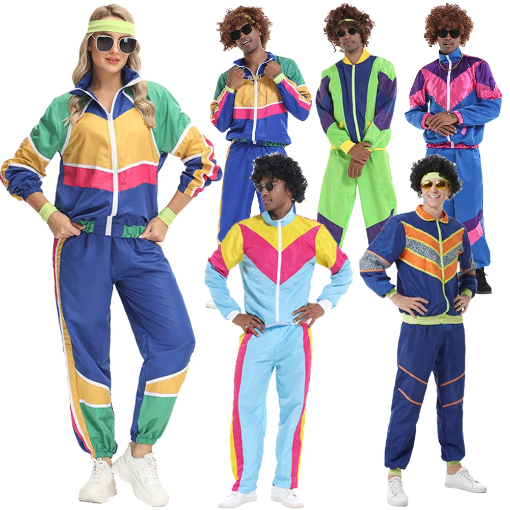 

80S 90S Retro Hip-hop Disco Cosplay Costume Women Men Vintage Jacket Pants Headband Sprotwear Outfits Halloween Roleplay Suits