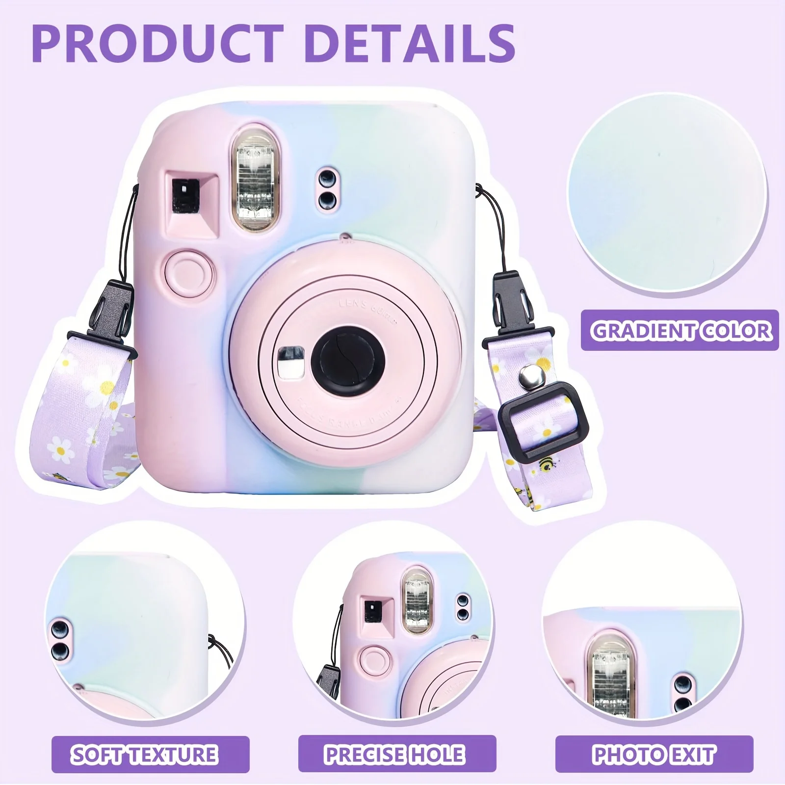 1 Set of Camera Silicone Case + Purple Shoulder Strap for Instax Mini 12 Camera, Light Gradient Color (Camera Not Included)
