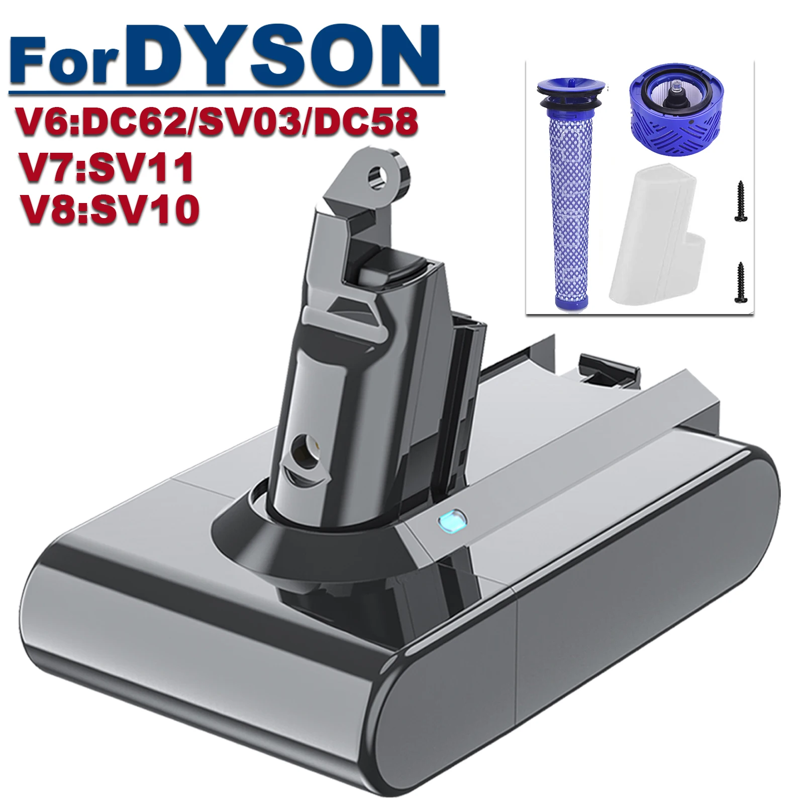 21.6V 6.0Ah V6 Battery For Dyson DC62 58 SV03 V7 Battery For Dyson Vacuum  Cleaner V8 Battery For Dyson SV10 Replacement Battery