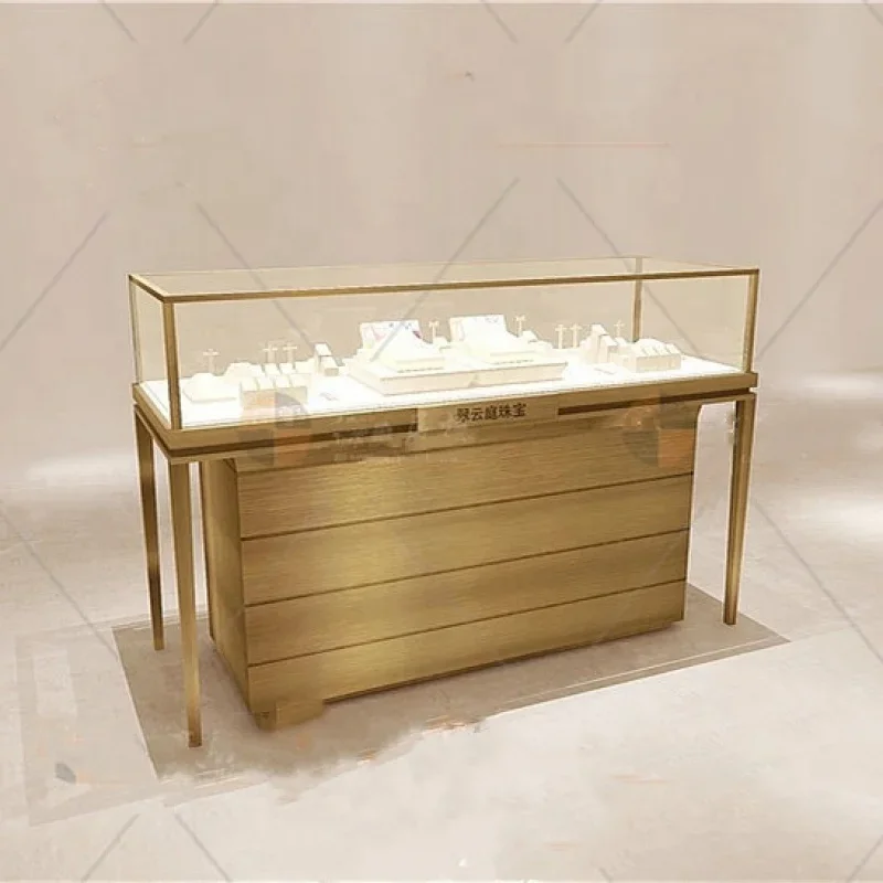 

Custom, gold stainless jewelry kiosk showcase glass jewelry store display counters lockable glass cabinet