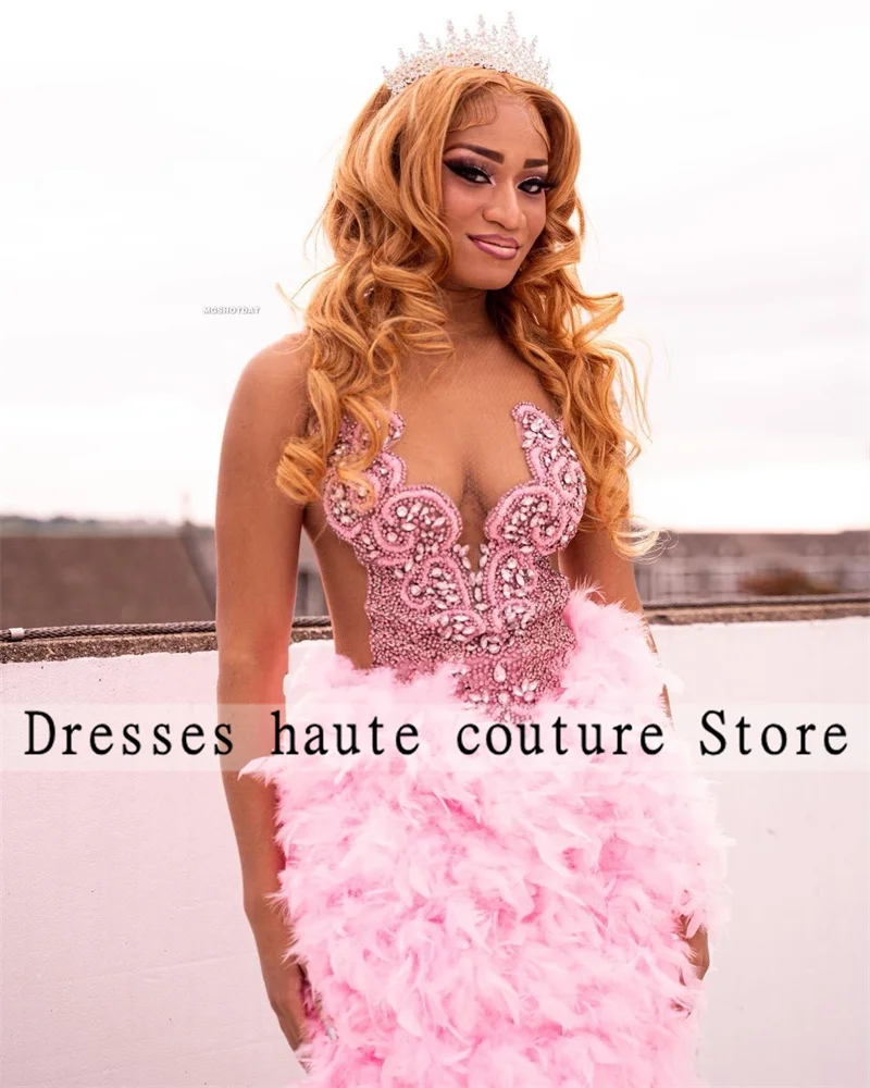

Luxury Pink Beaded Feathers Short Prom Dresses 2023 For Black Girl Sexy Sparkly Crystal Cocktail Dresses Birthday Party Gowns