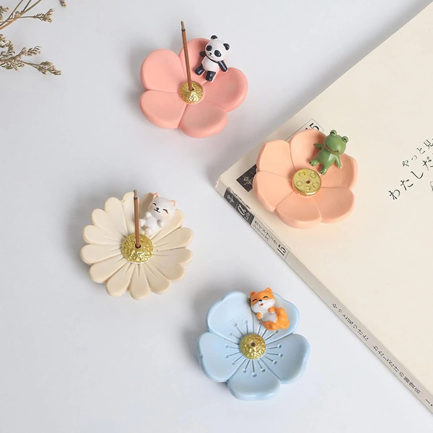 Japanese-Style Stick Holder, Flowers Ceramic Burner, Forg Tray Decor Set
