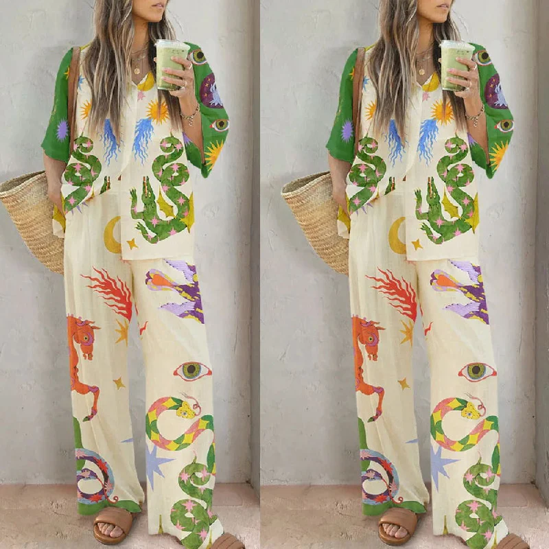 

Women Print Shirt Pant Sets Fashion Outfit Ladies Single Breasted Top Elastic Waist Wide Leg Trousers Casual Shirt 2 Piece Set
