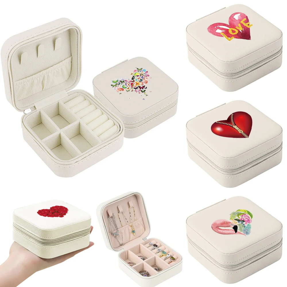 

Travel Jewelry Zipper Case Boxes Mini Jewelry Organizer Display Love Printed Earrings Necklace Ring Portable Jewelry Box Storage