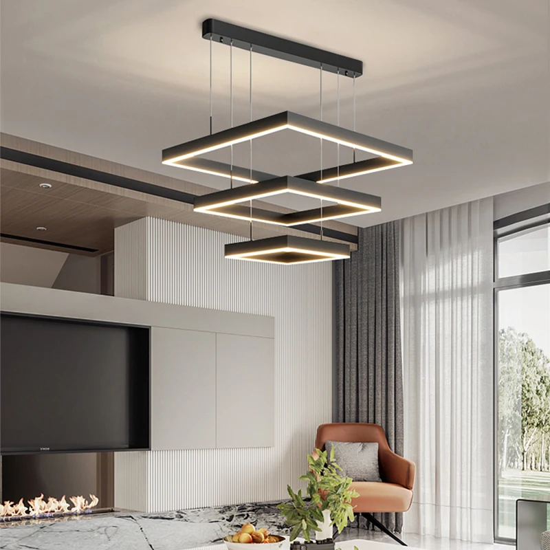 

2023 Nordic Kitchen Chandeliers Table Dining Led Rectangle For Home Black Chandeliers Loft Square Led Modern
