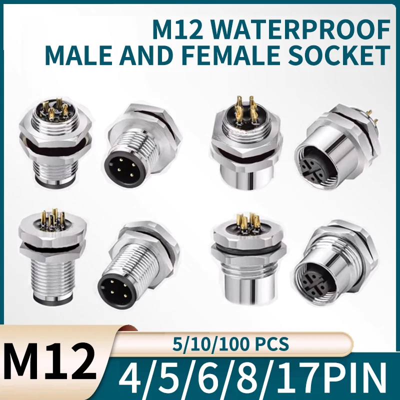 

5/10/100 PCS M12 male and female socket 3 4 5 6 8 17 pins weld IP67/68 Install front/rear panel waterproof circular connectors