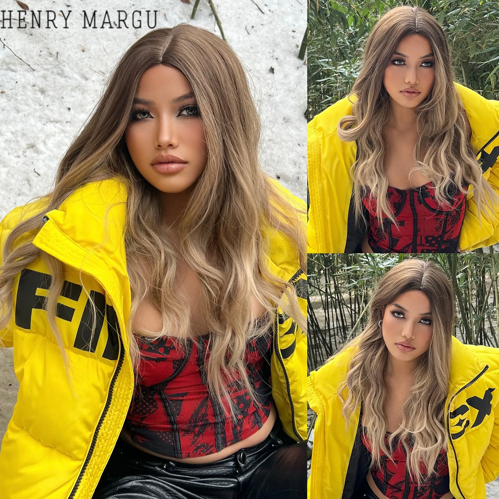 HENRY MARGU Long Wavy Wigs Brown with Golden Highlight Synthetic Natural Wave Hair Wigs for Black Women Middle Part Cosplay Wig henry golding black