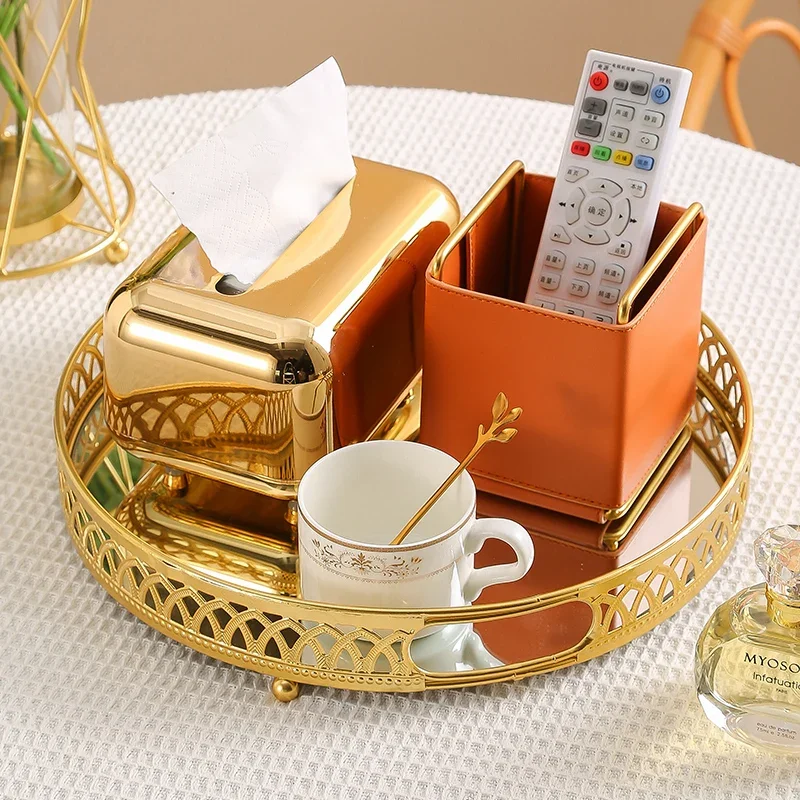 Description Picture 4 of itemMetal Round Storage Tray Living Room Cosmetics Remote Control Tissue Box Nordic Luxury Decor Ornaments Mirror