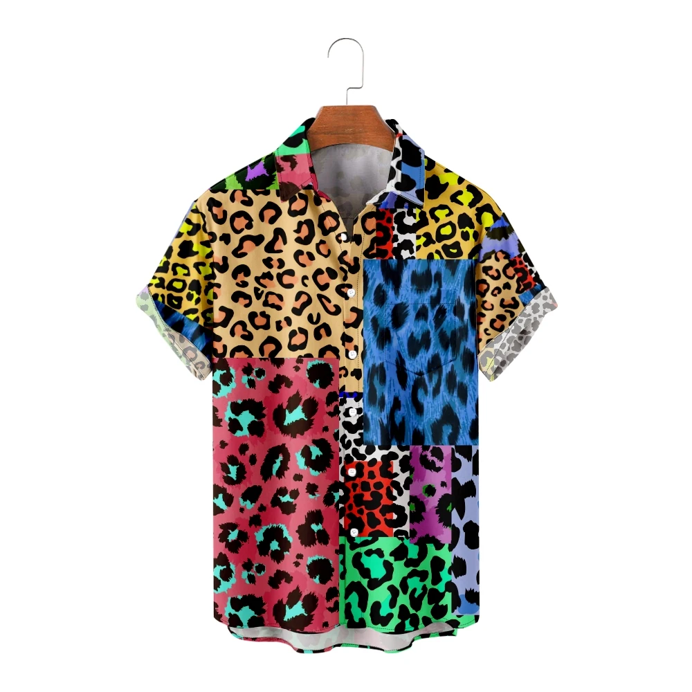 

Men's Casual Shirts Leopard Print Colorful Patchwork Short Sleeve Shirts Cool Summer Tops Vintage Breathable