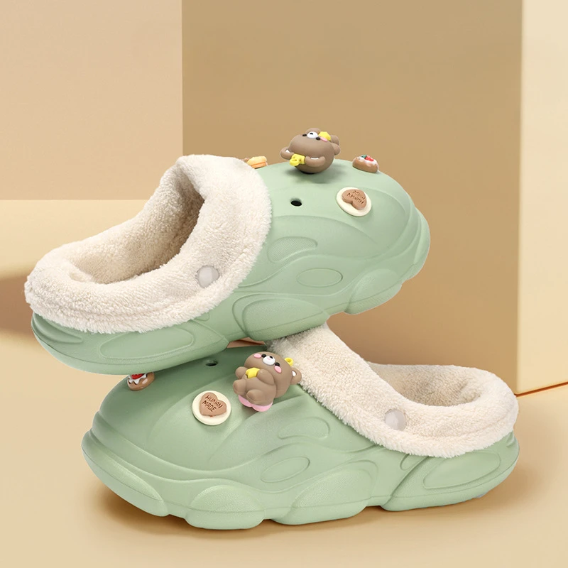 Women Little Bear Cotton Slippers Indoor Warm Plush Slippers Baotou Men's Cotton Boots Casual Non-slip Shoes Couple Women